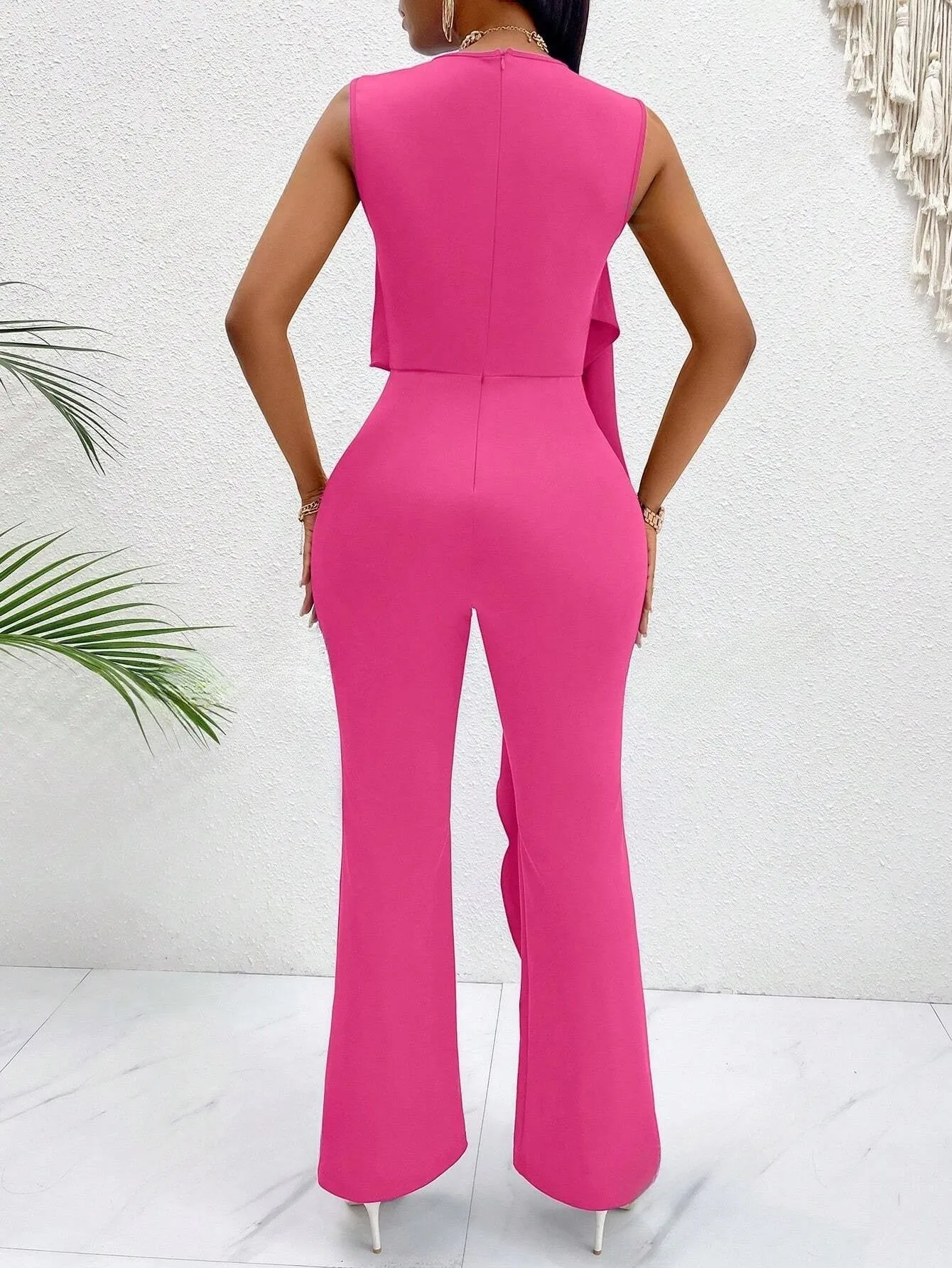 2 In 1 Jumpsuit With Irregular Ruffled Edges, Sleeveless Vest and Straight Leg