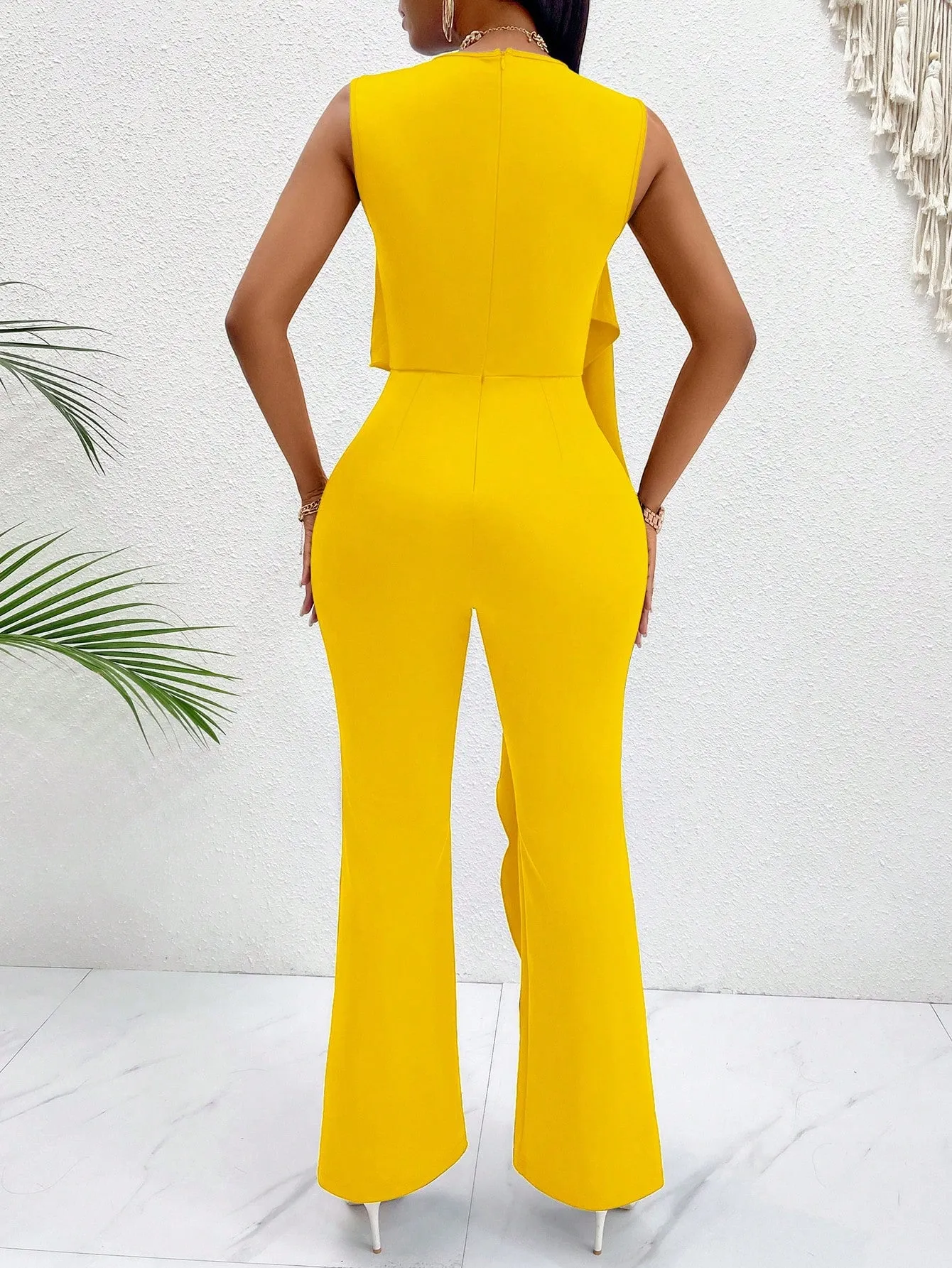 2 In 1 Jumpsuit With Irregular Ruffled Edges, Sleeveless Vest and Straight Leg