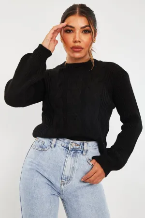 Round Neck Front Cable Knit Jumper in Black - Idah