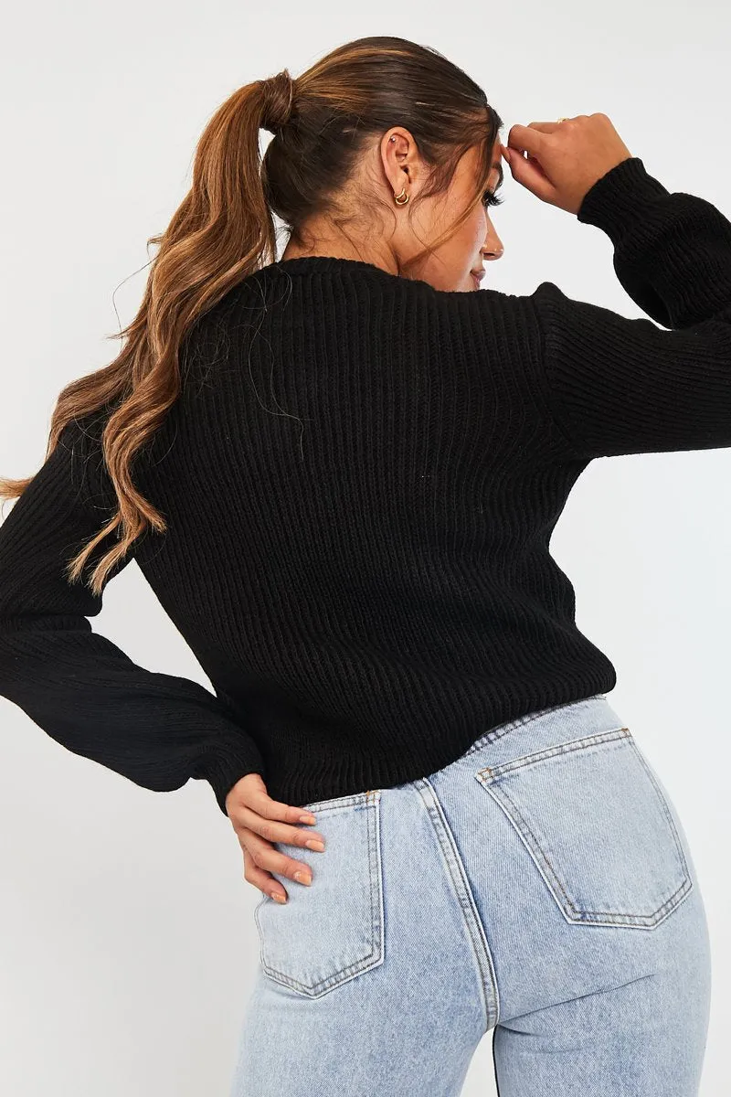 Round Neck Front Cable Knit Jumper in Black - Idah