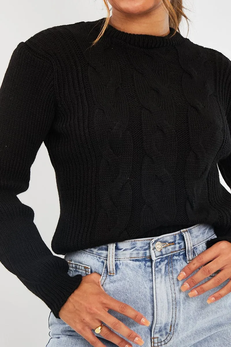 Round Neck Front Cable Knit Jumper in Black - Idah