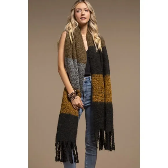 Black Multi Plush Wide Stripe Oblong Scarf Winter Women's Casual Knit Extra Long