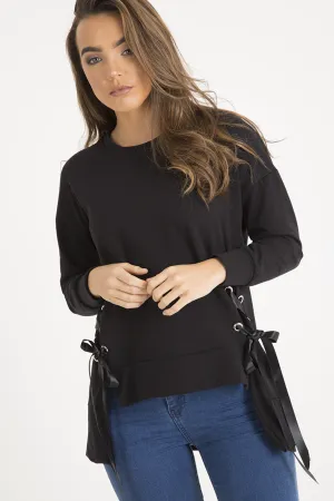 Black Ribbon Lace Up Dipped Hem Jumper - Wilma