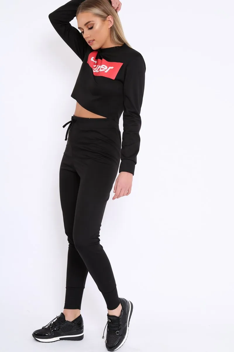 Black Super Red Slogan Crop Jumper And Joggers Loungerwear Set - olita