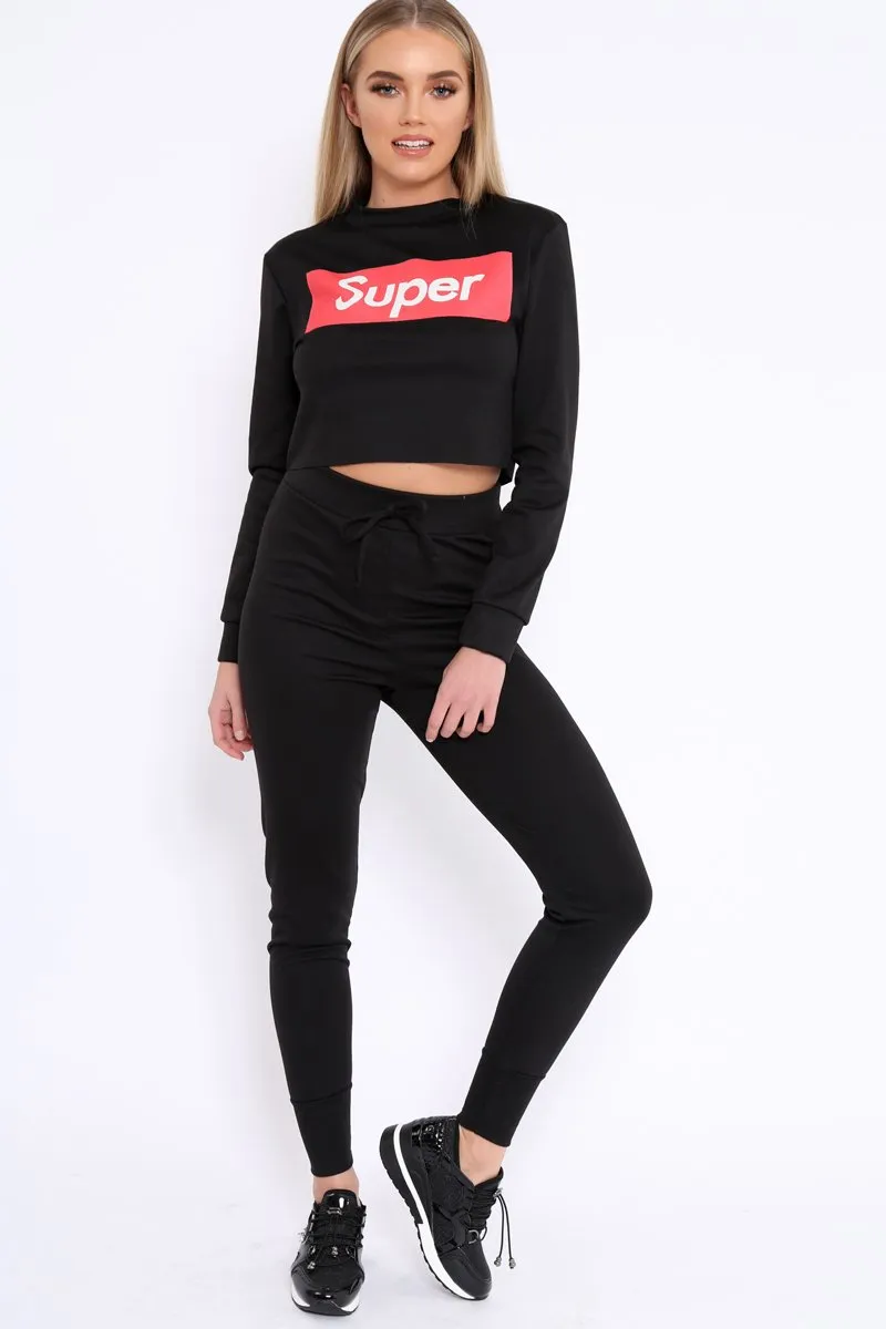 Black Super Red Slogan Crop Jumper And Joggers Loungerwear Set - olita