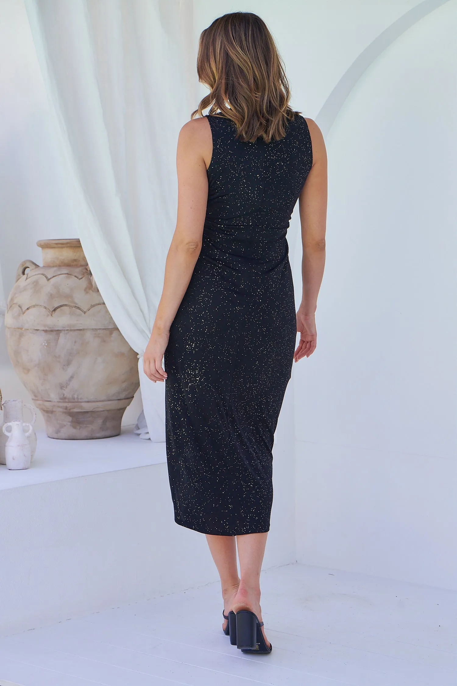 Brianna Black Shimmer Crossover Evening Dress