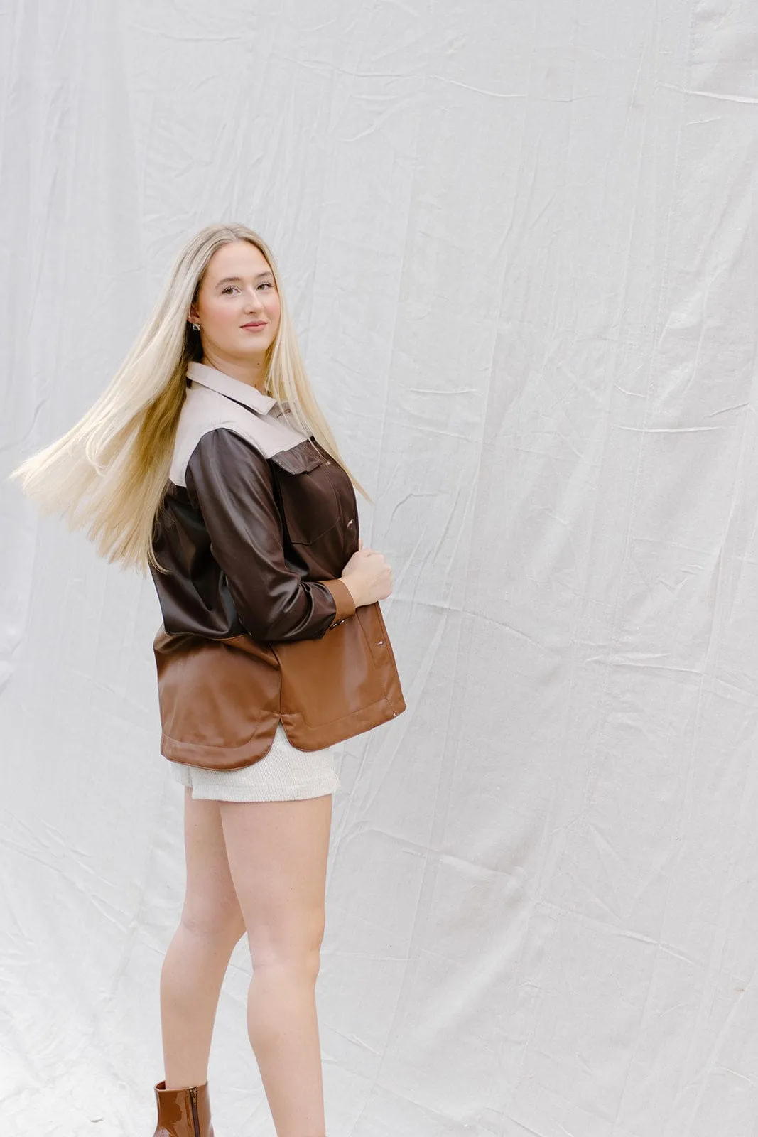 Brown Leather Colorblock Shacket