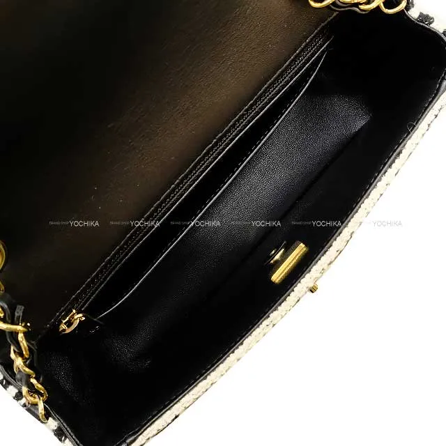 CHANEL Shoulder bag Coco mark Camellia Border Mini Matelasse 20 Chain Noir (Black)/Blanc (White) Embroidery Cotton Tweed/Sequins Champagne Gold HW A69900[BRAND NEW][Authentic]