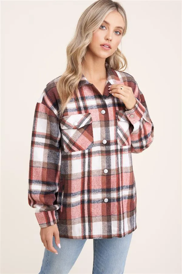 Collared snap button double-chest pocket plaid overshirt jacket (shacket)