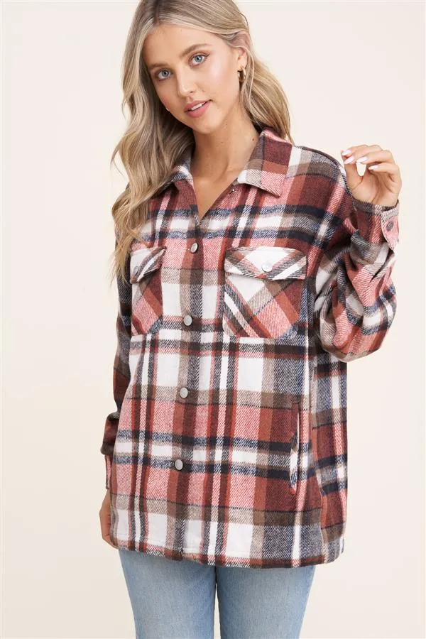 Collared snap button double-chest pocket plaid overshirt jacket (shacket)