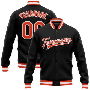 Custom Black Orange-White Bomber Full-Snap Varsity Letterman Jacket