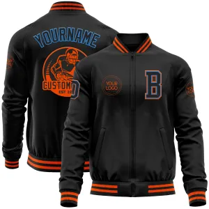 Custom Black Powder Blue-Orange Bomber Varsity Letterman Zipper Jacket