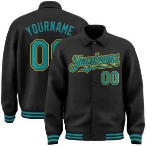 Custom Black Teal-Yellow Bomber Full-Snap Varsity Letterman Lapel Collar Byron Jacket