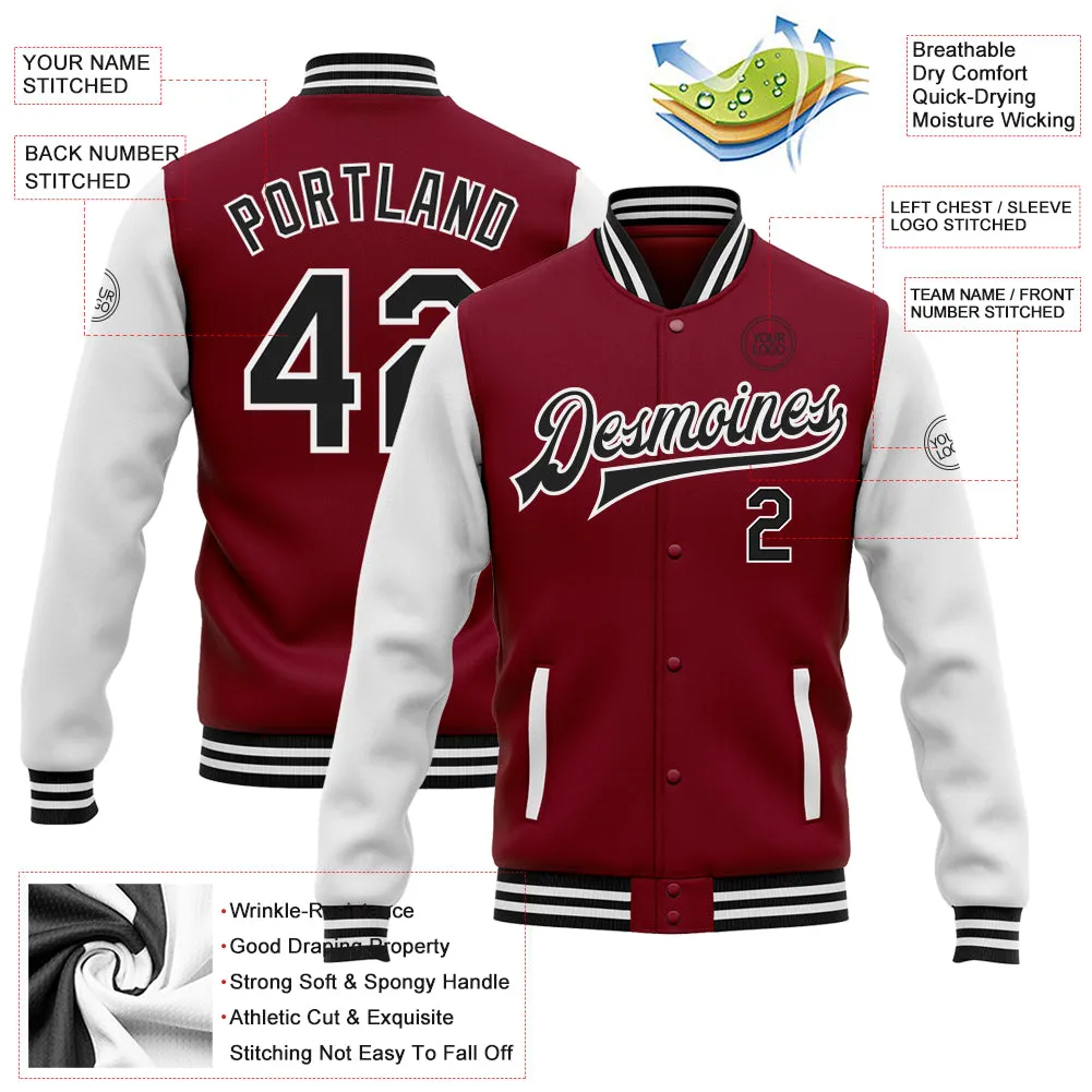 Custom Crimson Black-White Bomber Full-Snap Varsity Letterman Two Tone Jacket