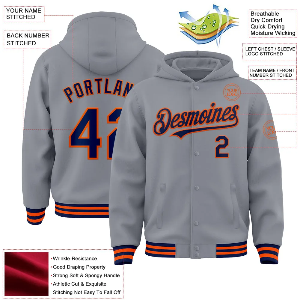 Custom Gray Navy-Orange Bomber Full-Snap Varsity Letterman Hoodie Jacket