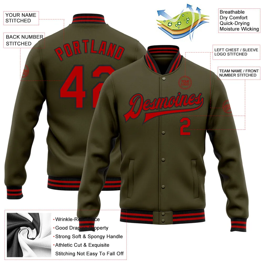 Custom Olive Red-Black Bomber Full-Snap Varsity Letterman Salute To Service Jacket