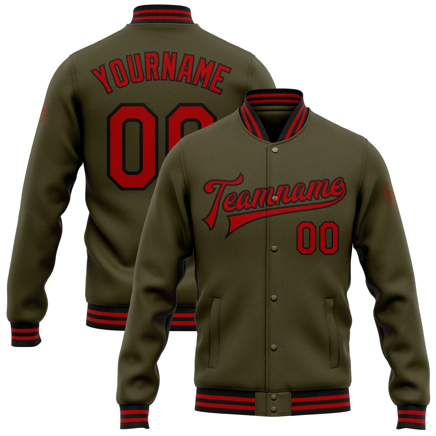 Custom Olive Red-Black Bomber Full-Snap Varsity Letterman Salute To Service Jacket