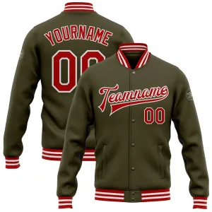 Custom Olive Red-White Bomber Full-Snap Varsity Letterman Salute To Service Jacket