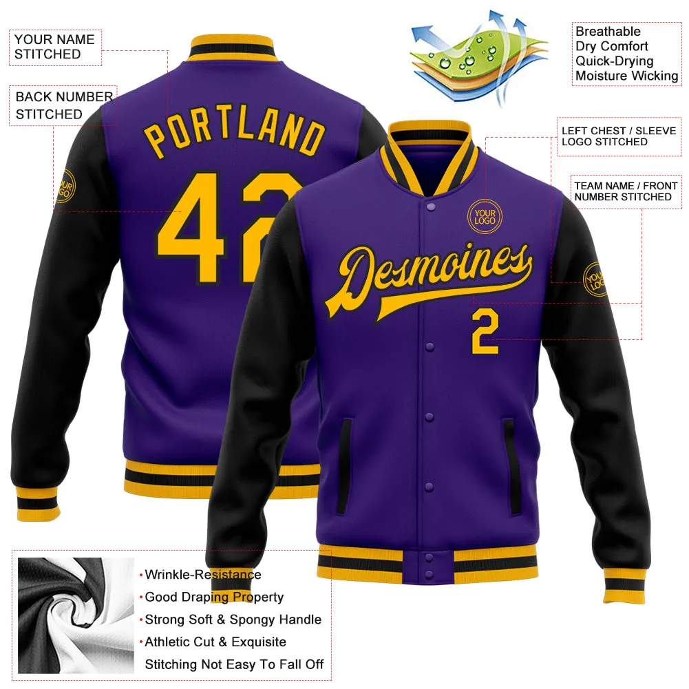 Custom Purple Gold-Black Bomber Full-Snap Varsity Letterman Two Tone Jacket