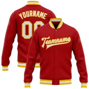 Custom Red White-Gold Bomber Full-Snap Varsity Letterman Jacket