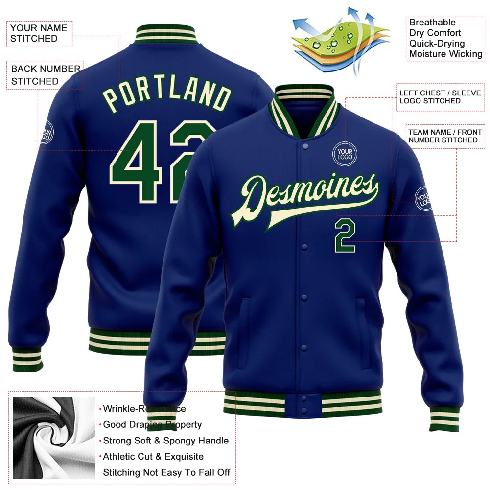 Custom Royal Green-Cream Bomber Full-Snap Varsity Letterman Jacket