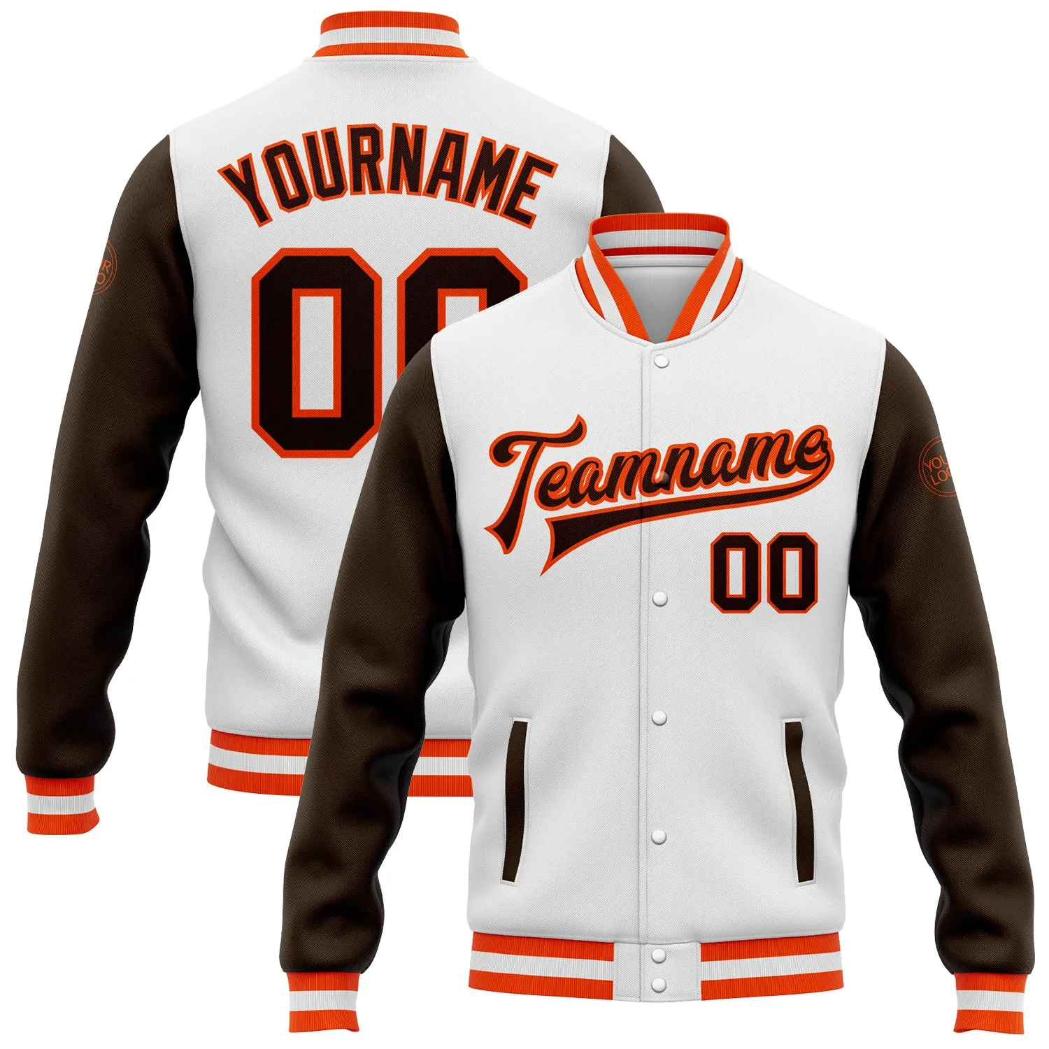 Custom White Brown-Orange Bomber Full-Snap Varsity Letterman Two Tone Jacket