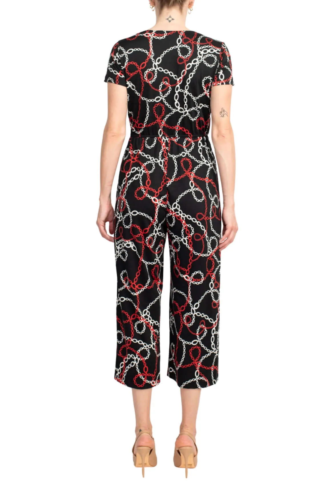 Emma & Michele V-Neck Short Sleeve Tie Waist Elastic Waist Multi Print ITY Jumpsuit