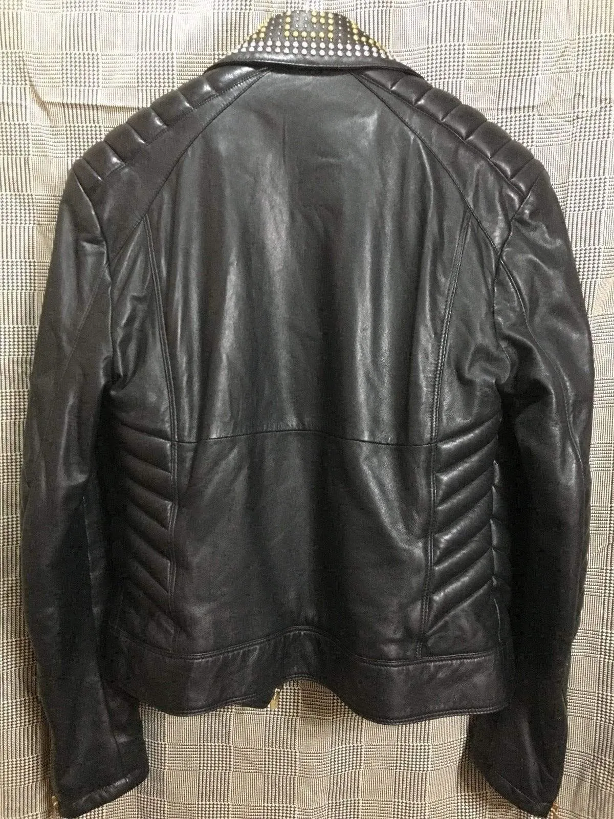 Golden Silver Studded Mens Black Cowhide Leather Jacket