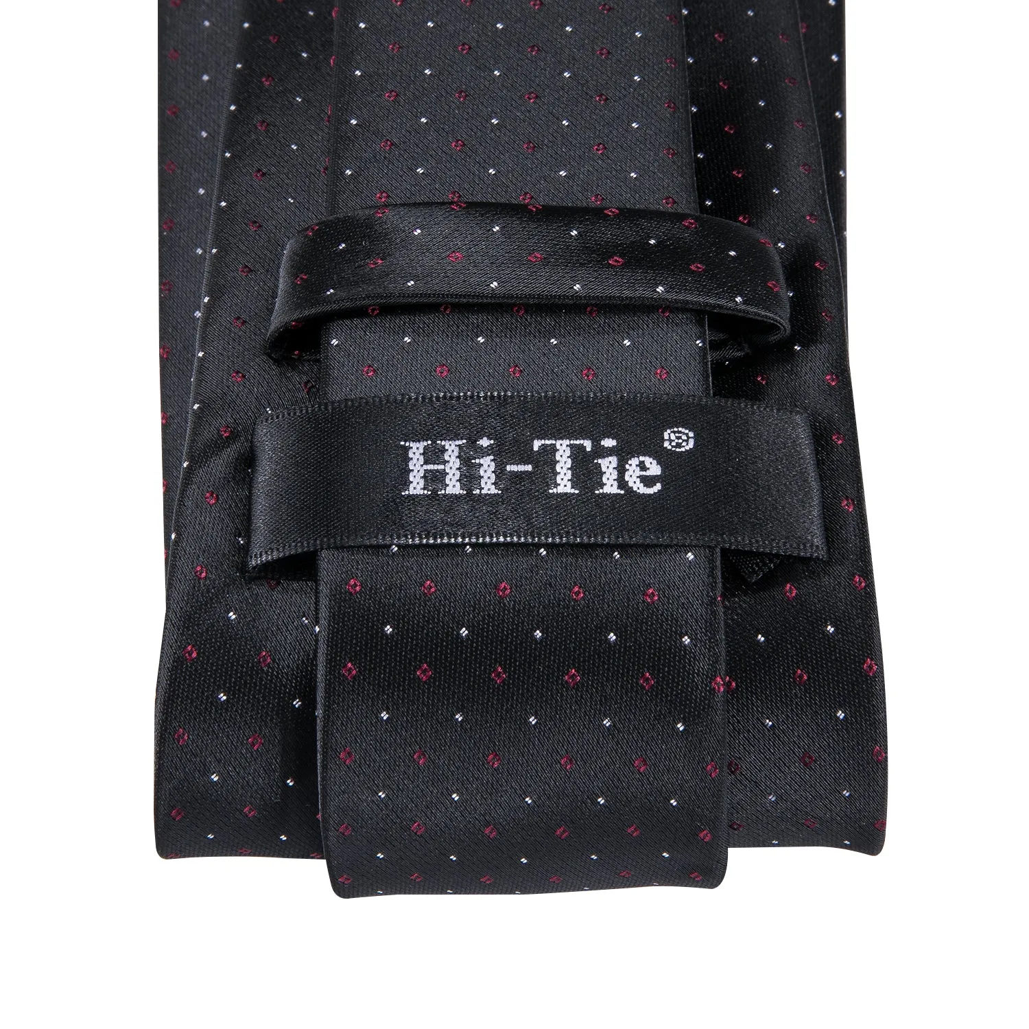 Hi-Tie Black Tie Red White Polka Dots Mens Necktie Hanky Cufflinks Set