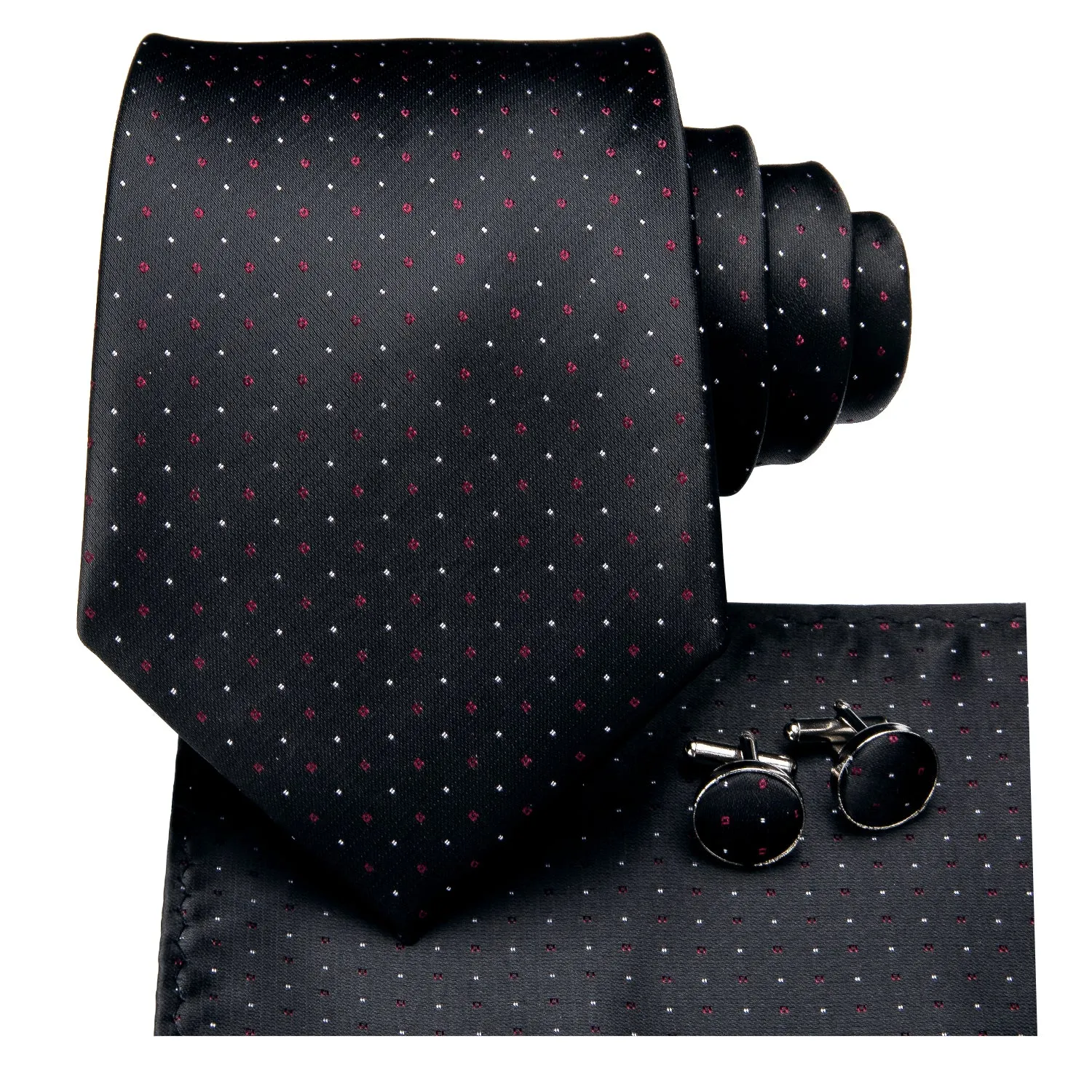 Hi-Tie Black Tie Red White Polka Dots Mens Necktie Hanky Cufflinks Set