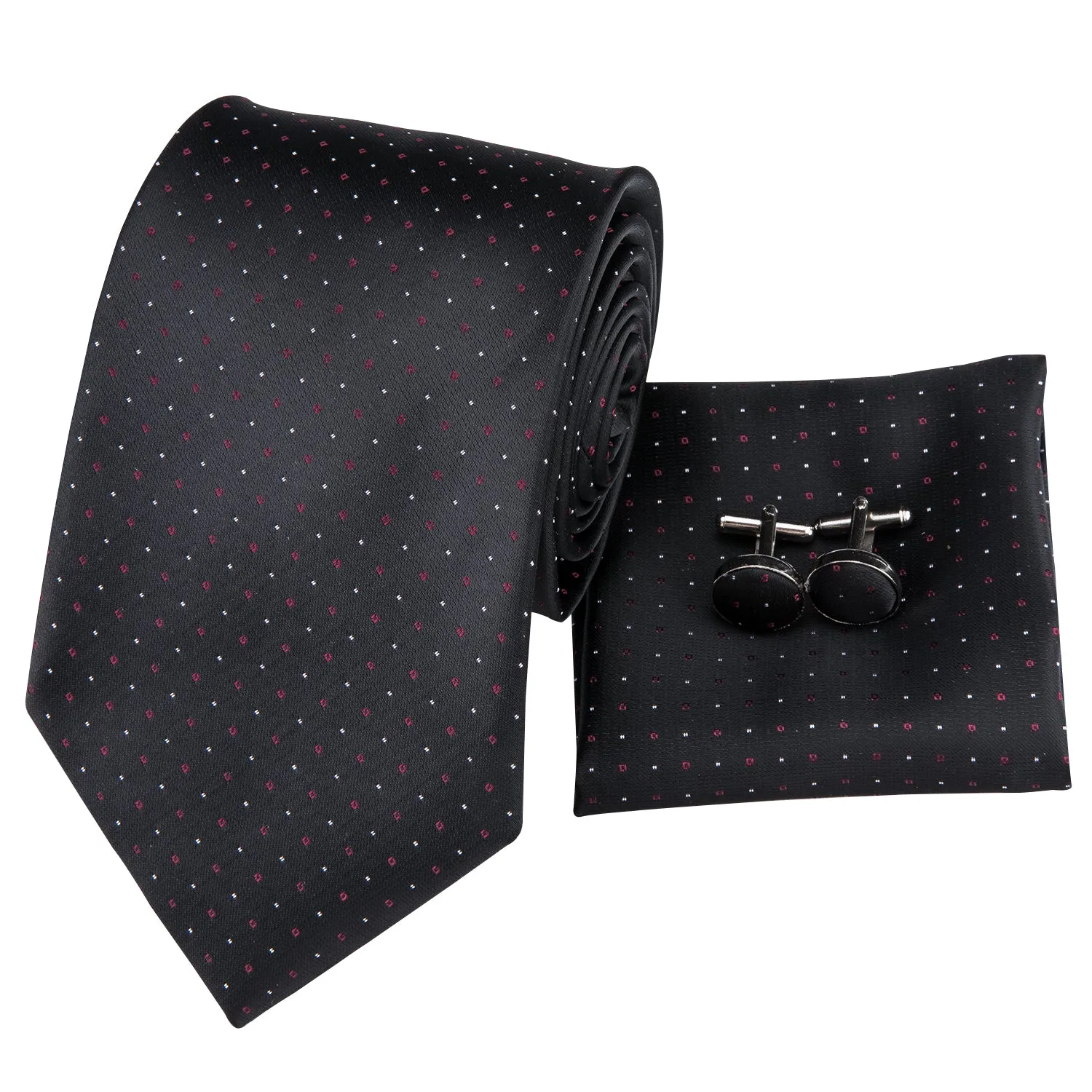 Hi-Tie Black Tie Red White Polka Dots Mens Necktie Hanky Cufflinks Set