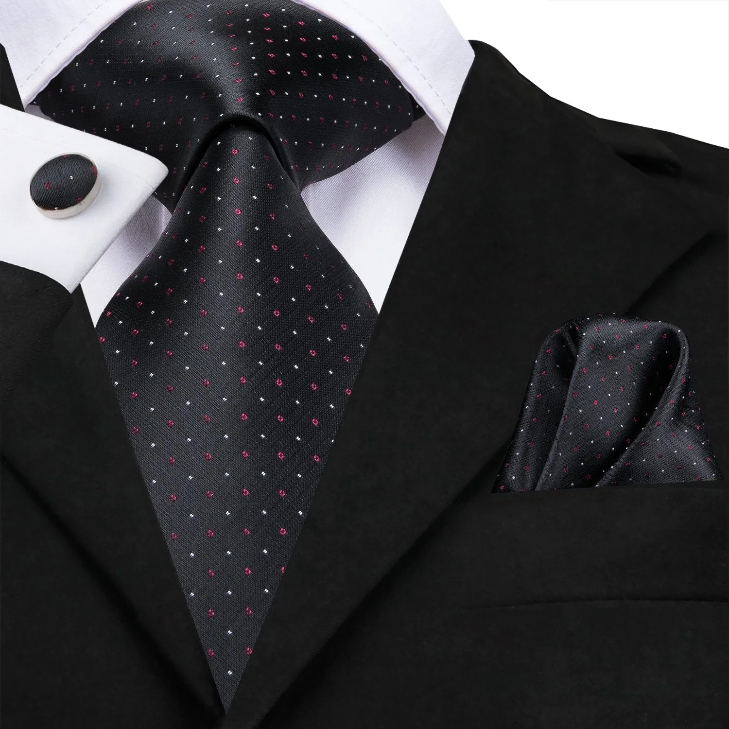 Hi-Tie Black Tie Red White Polka Dots Mens Necktie Hanky Cufflinks Set