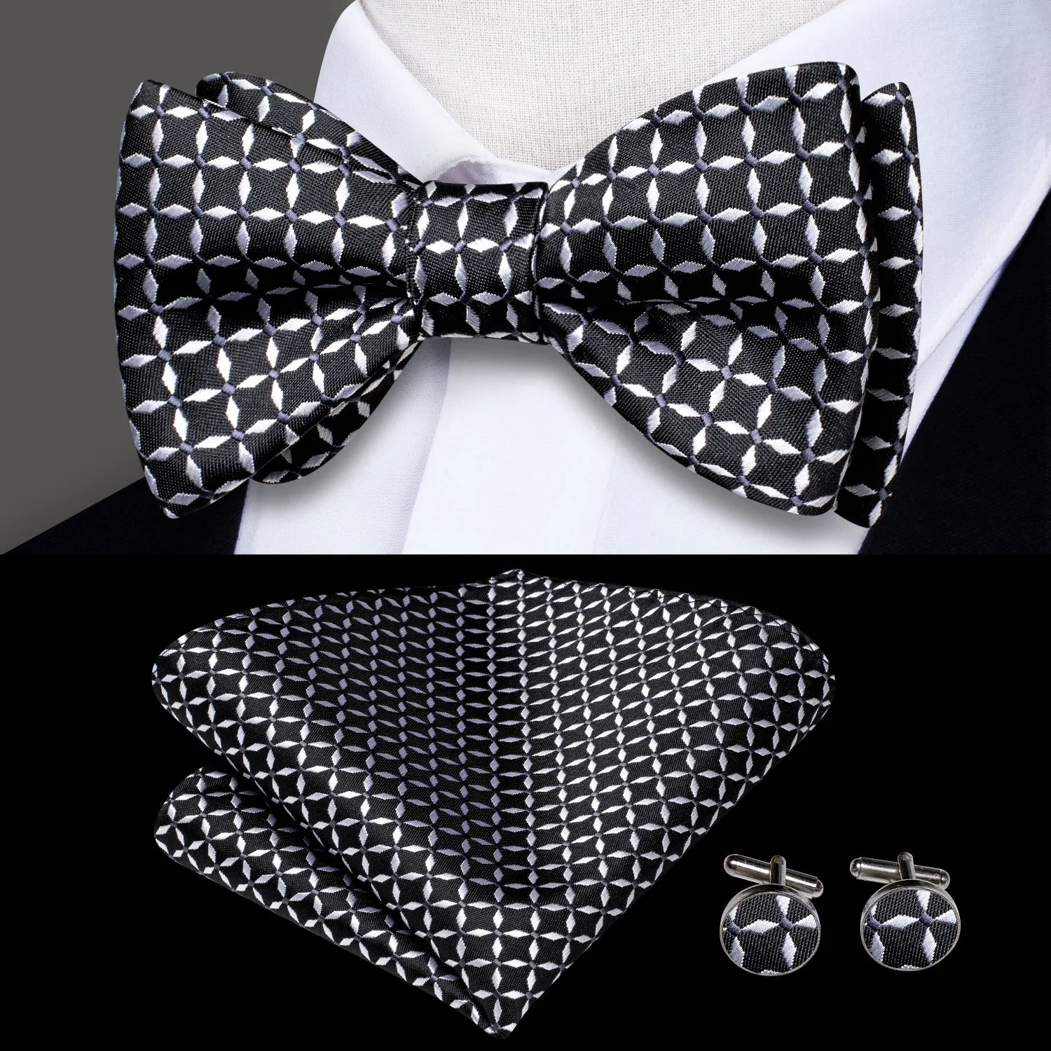 Hi-Tie Black White Plaid Novelty Self-tied Bow Tie Hanky Cufflinks Set