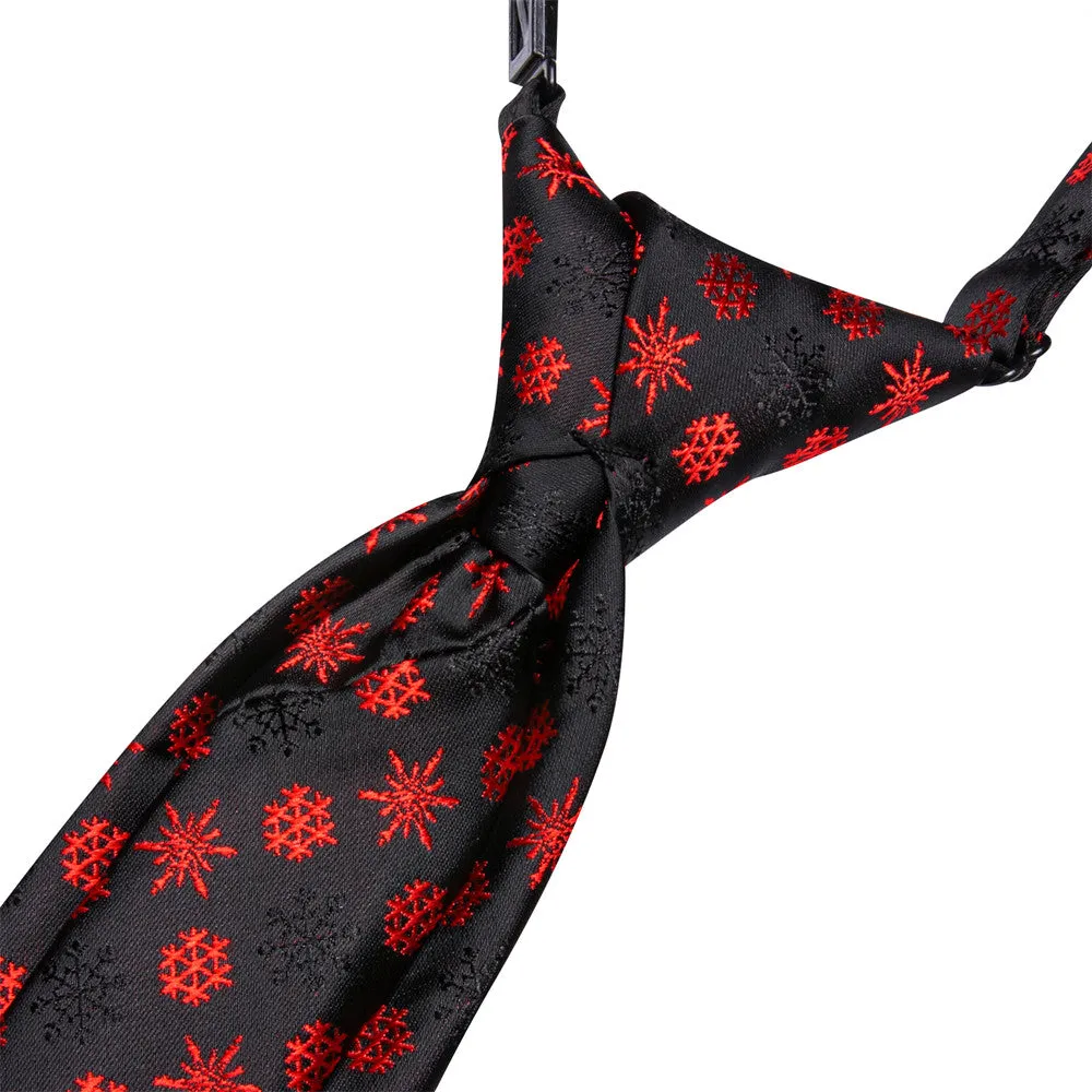 Hi-Tie Kids Christmas Tie Black Red Snow Pre-Tied Adjustable Tie Pocket Square Set