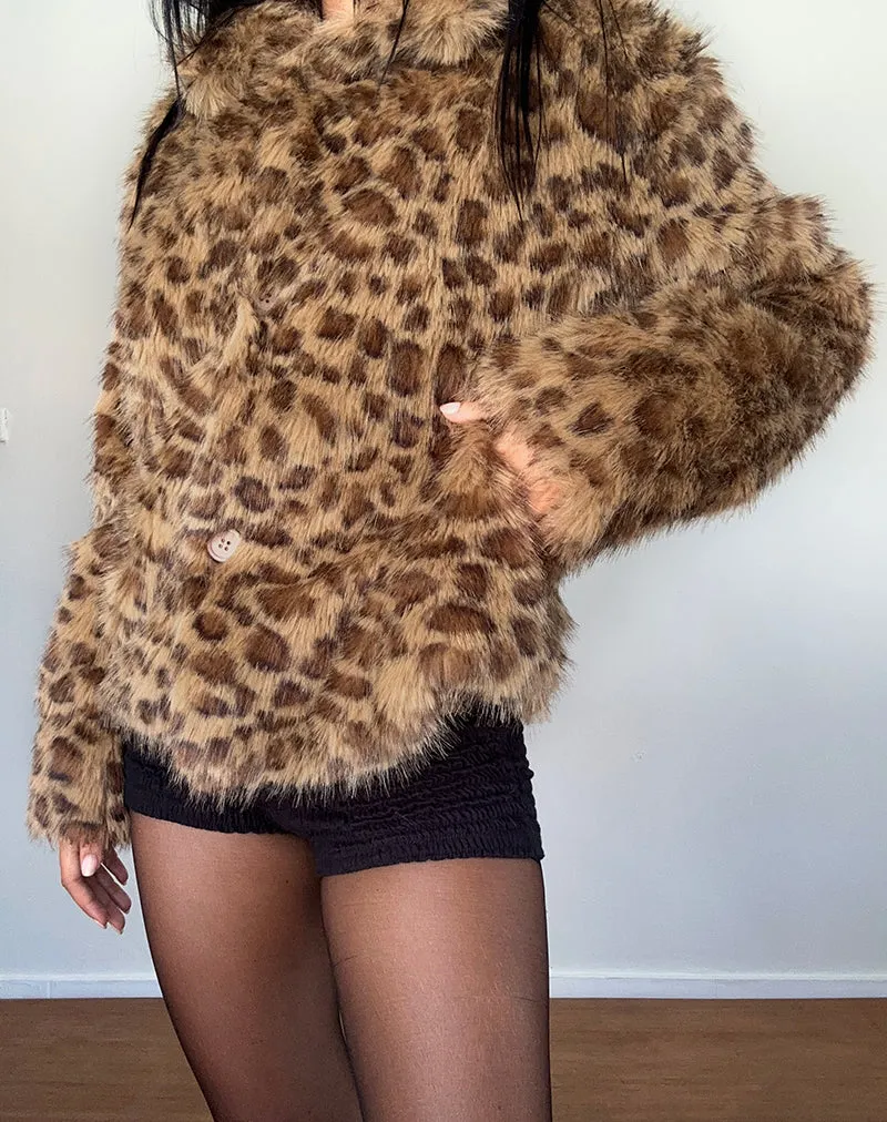 Joji Crop Faux Fur Jacket in Brown Leopard