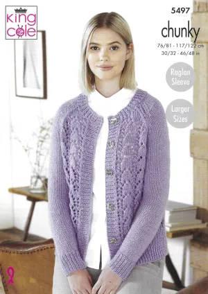 King Cole 5497 Cardigan, Hat & Scarf, Raglan Sleeve, Easy Knit. Chunky Knitting Pattern