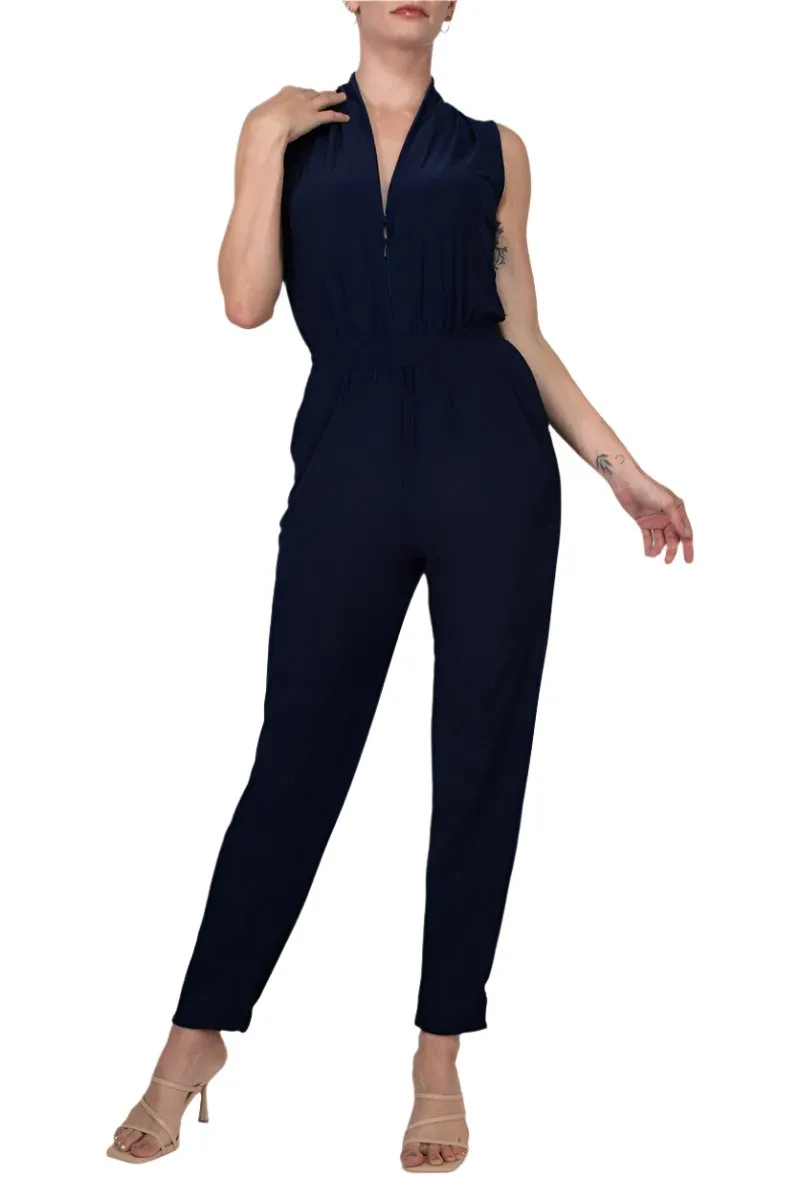 Laundry V-Neck Zipper Front Sleeveless Ruched Solid Jumpsuit