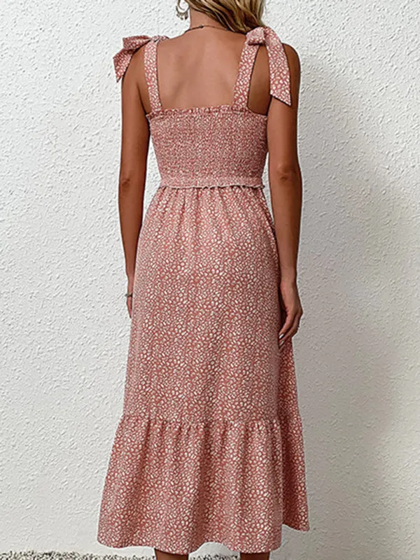 Pink Floral Dress Tie Ruffle Slip Dress