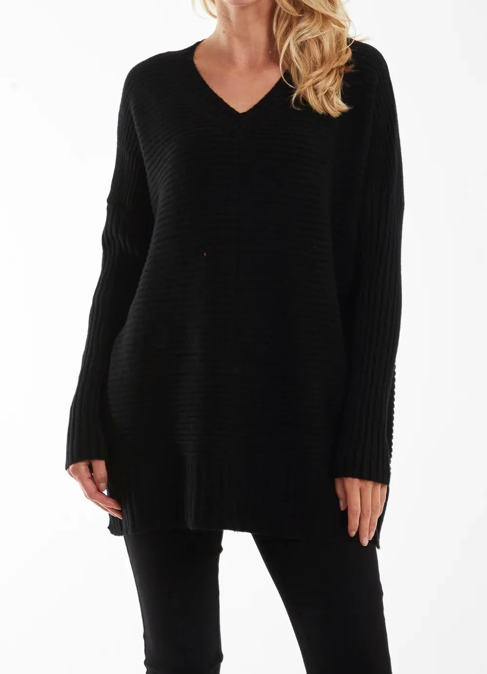 Ribbed Knit V-Neck Longline Jumper (2 Colours)