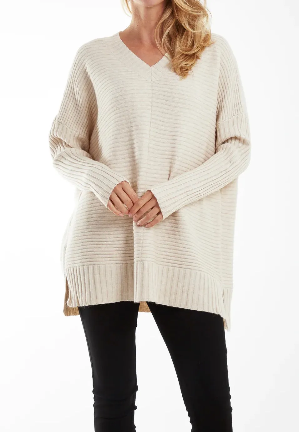 Ribbed Knit V-Neck Longline Jumper (2 Colours)