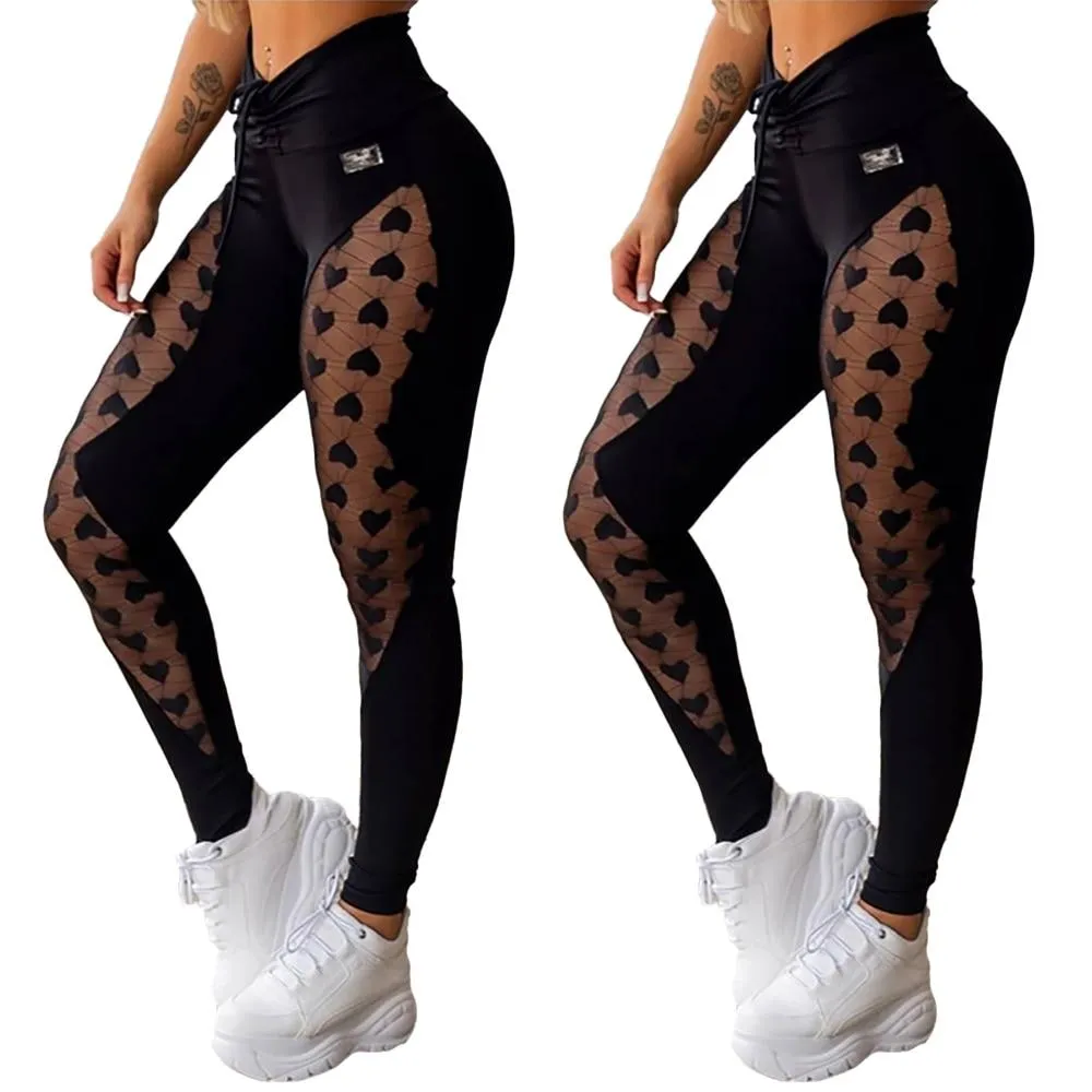 Women Stretchy Hip Up Woven Lace Heart Printed design Slim leggings Joggers