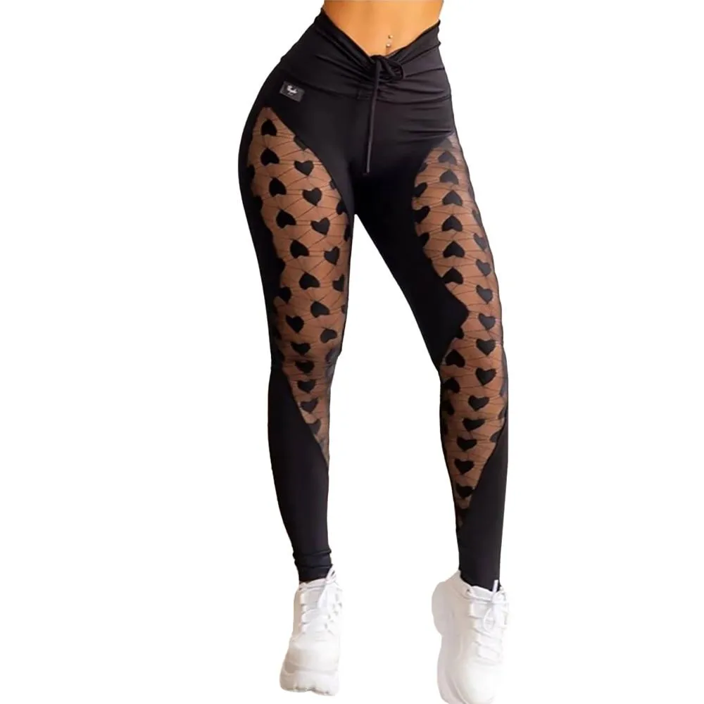 Women Stretchy Hip Up Woven Lace Heart Printed design Slim leggings Joggers