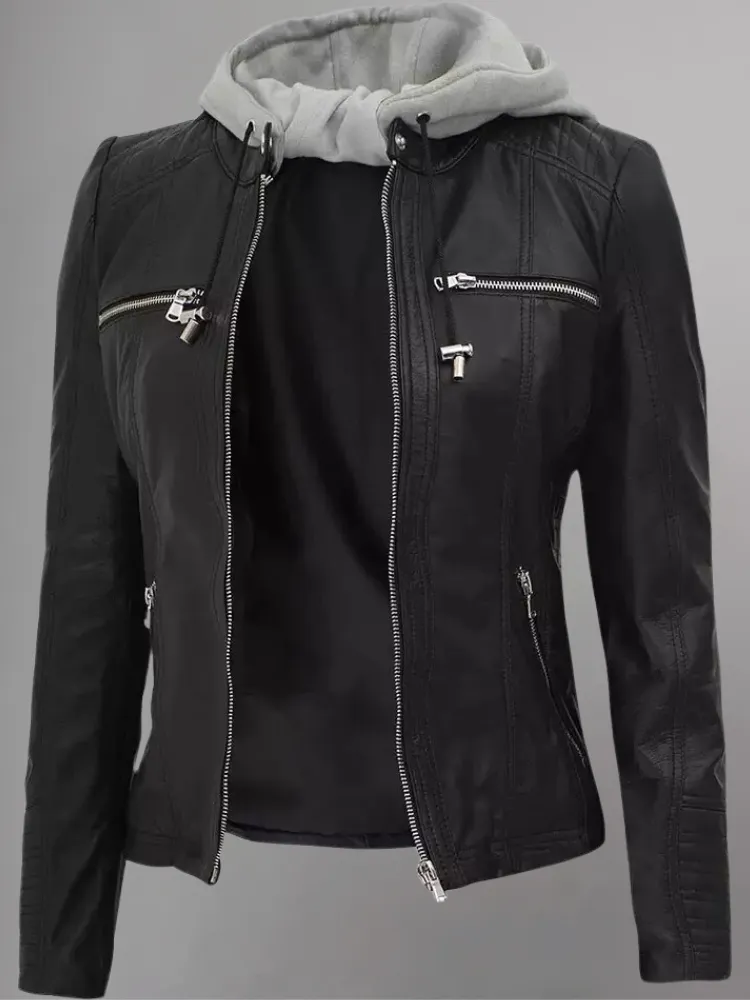 Womens Black Leather Jacket With Hood