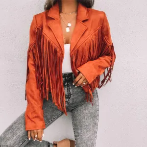 Women’s Orange Genuine Suede Tassel Lapel Long Sleeve Motor Biker Native American Vintage Cropped Leather Jacket