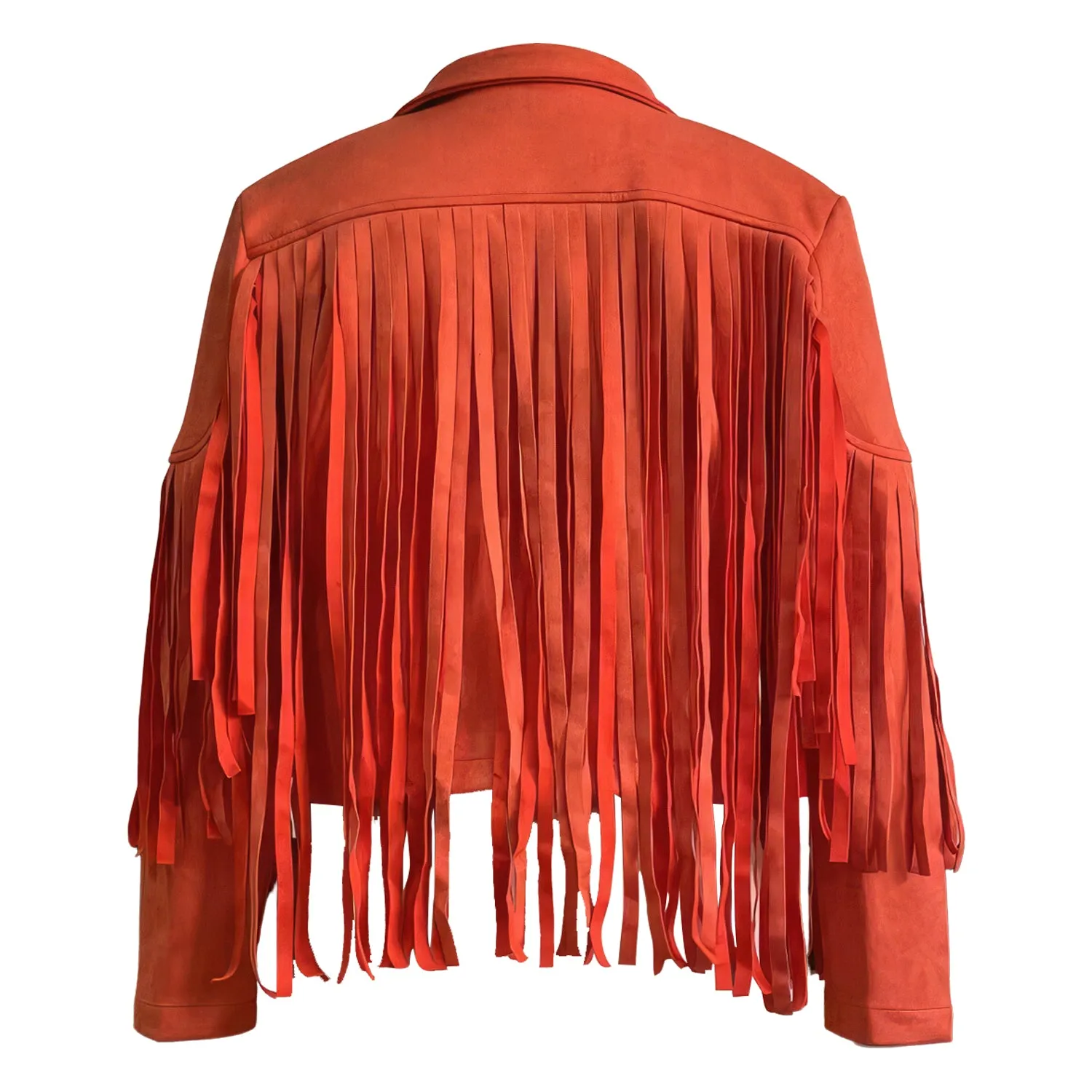 Women’s Orange Genuine Suede Tassel Lapel Long Sleeve Motor Biker Native American Vintage Cropped Leather Jacket